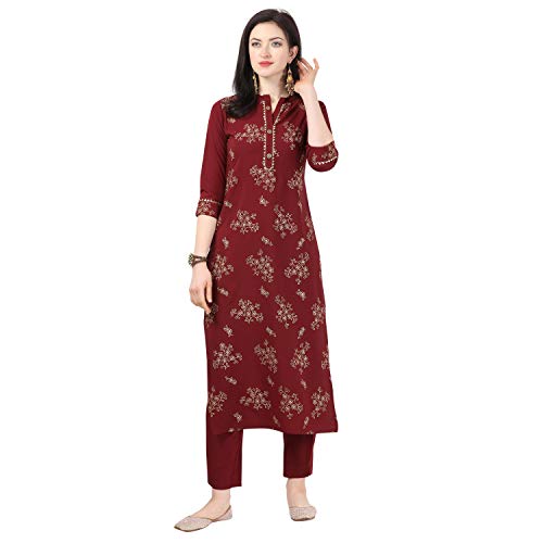 Image of NAINVISH Maroon Color Crepe Stitched Kurti with Pant Set for Women