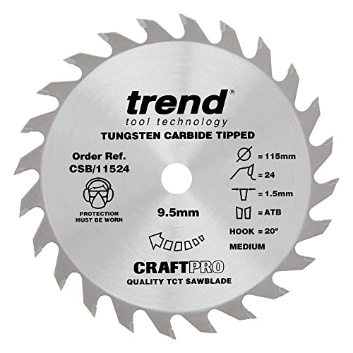 Trend Wood Circular Saw Blade, 115mm Diameter, 9.50mm Bore, 24 Teeth, 1.5mm Kerf, +20° Hook, TCT, Medium Finish, CSB/11524