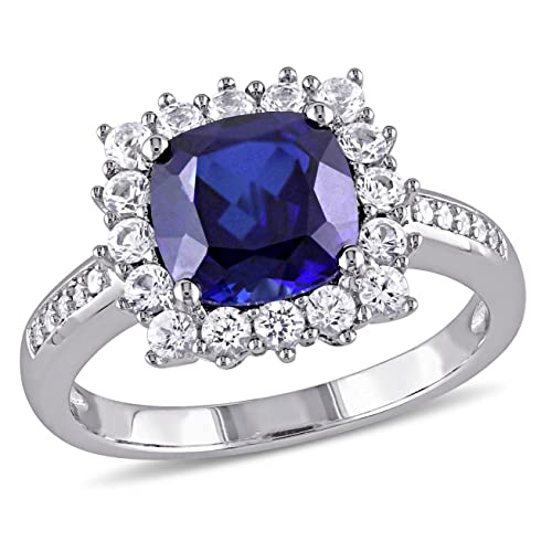 3 Carat Cushion Cut Blue Sapphire And Natural Diamond Solitaire With Accents Wedding Band Rings For Women In 10-14 KT Solid Gold Anniversary And Enagagement Prong Setting ( Blue Gemstone 2.5 ctw,Clarity I2 , Color HI)2