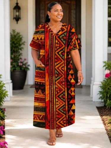 Image of Plus Size Maxi Dress for Women Short Sleeve V Neck Casual Loose Sundress with Pockets