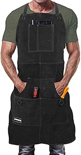 DIMWELD Leather Welding Apron With 6 pockets for men. Heavy Duty Workshop Apron for Welders and Blacksmiths. Heat and Flame Resistant Stitched in Kevlar