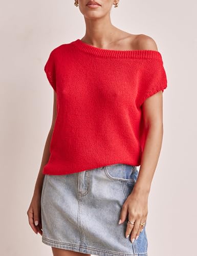 Image of Lviefent Womens Off Shoulder Sweater Y2K Short Sleeve Ribbed Knit Pullover Date Night Top Blouse (Red-S)