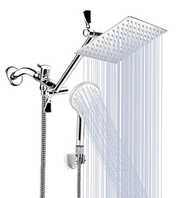 Shower Head, 8 Inch High Pressure Rainfall Shower Head/Handheld Shower Combo with 11 Inch Extension Arm, 9 Settings Adjustable Anti-leak Shower Head with Holder/Hose, Height/Angle Adjustable