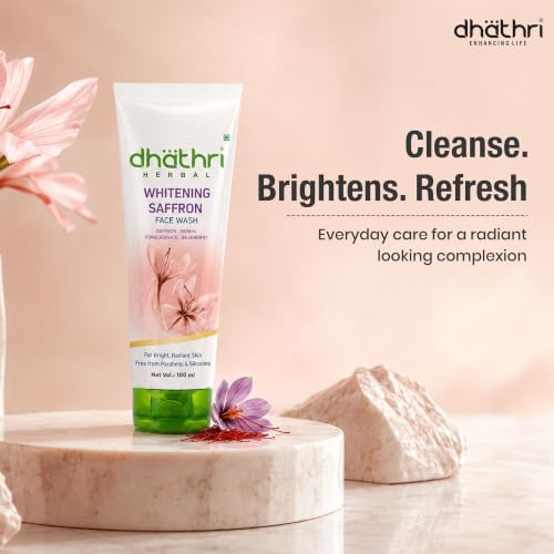 Image of Dhathri Herbal Whitening Face Wash with Saffron, Pomegranate, Bearberry & Papaya for Radiant & Glowing Skin | Lightens Dark Spots & Reduces Blemishes | Paraben & Alcohol Free for All Skin Types, 200ml
