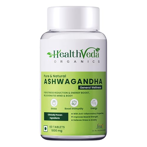 Image of Health Veda Organics Ashwagandha 1000mg | 60 Veg Tablets | Stress Relief, Energy & Immunity Support | Potent Herbal Supplement