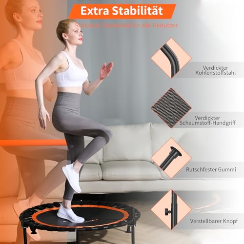 FitinOne 150KG Ø 101CM Faltbares Mini-Trampolin mit Bungee Bänder, 5-Fach Verstellbarer Schaumstoffgriff, Stabiler und leiser Fitness Indoor-Trampolin für Kinder und Erwachsene