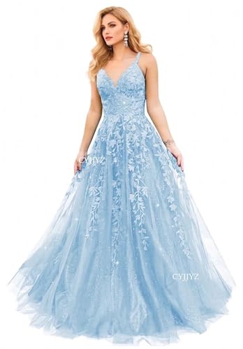 CYJJYZ Sparkly Tulle Prom Dresses 2026 Lace Appliques Long Ball Gown Spaghetti Straps V Neck Corset...