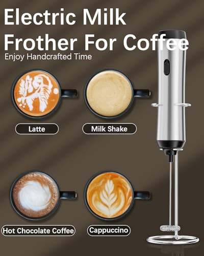 Image of Rechargeable Milk Frother with Stand, Handheld Coffee Electric Whisk, Detachable Stainless Steel Frother Wand, Coffee Frother & Drink Mixer for Latte, Cappuccino, Hot Chocolate,Egg(Silver Deep)