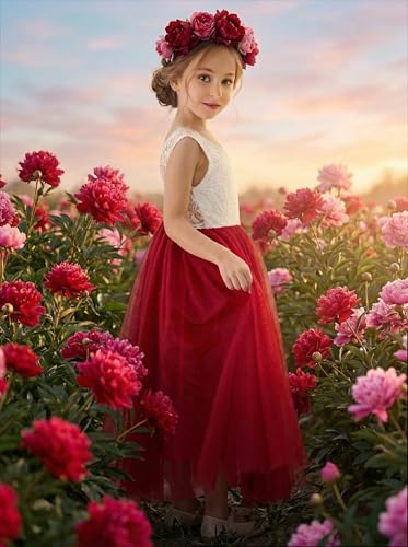 Image of 2Bunnies Girl Peony Lace Back A-Line Straight Tutu Tulle Party Flower Girl Dress