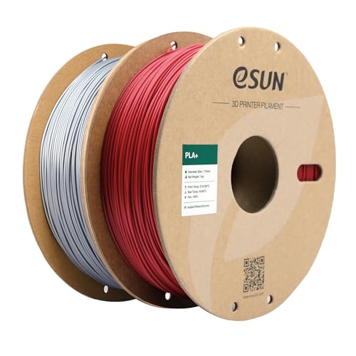 Image of eSUN PLA+ Filament 1.75mm, 3D Printer Filament PLA Plus, Dimensional Accuracy + /- 0.03mm, 1KG per Spool, 2 Spools 3D Printing Filament, Fire Engine Red + Silver