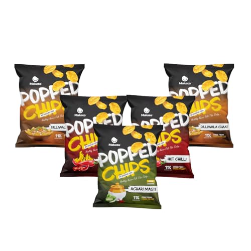 Image of Makato Teekha Treat Pack, Pack of 5 (2 Hot Chilli + 2 Dilliwala + 1 Achari) | Crispy & Light Snack | Non-Fried Low Oil Chips | Crunchy Namkeen for Tea Time & Anytime Munching | Light Texture