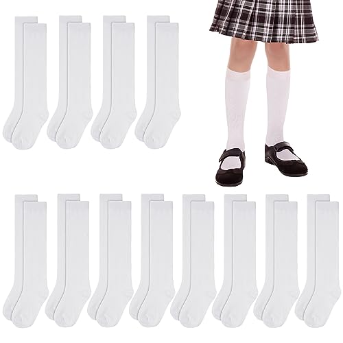 12 Pairs Girls Kids Knee High Socks Long School Uniform White Uniform Dress Soft Crew Socks Baby Toddler Black