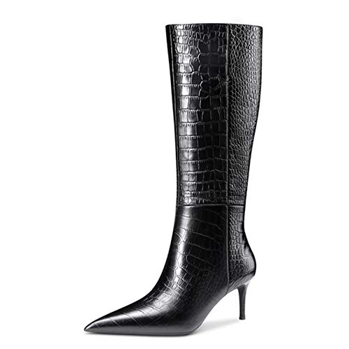 Lutalica W Women's Pointed toe Kitten Heel Knee High Boots Stone Pattern Side-Zip Stiletto Boots For Fall Winter