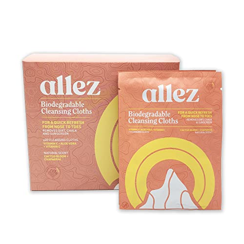Allez Outdoor Vegan Biodegradable Cleansing Cloths, Natural Plant-Based Face & Body Wipes, PH Balanced, with Cactus Bloom/Chaparral Scent, 20 Count Towelettes