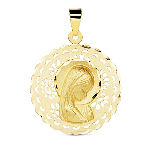 Iyé Biyé Jewels Medalla comunión Virgen niña Calada 20 mm Oro Amarillo 18 ktes matizada. Grabado Incluido