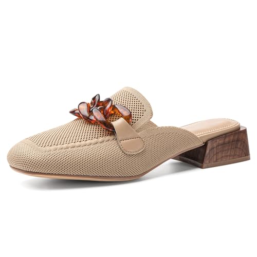 Image of NEWBELLA Mousse Fit Women Flat Mules Commute Pointed Toe Mules Flats Slip On Slides Walking Shoes, Beige 9