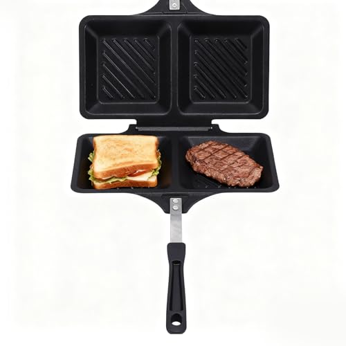 Qcwwy Sartén para Hacer Panini a la Parrilla, Revestimiento Antiadherente, Estufa de Doble Cara, Máquina para Hacer Sarnie Tostada, Estufa, Sartén para Prensar Panini, Tostadora (BLACK)