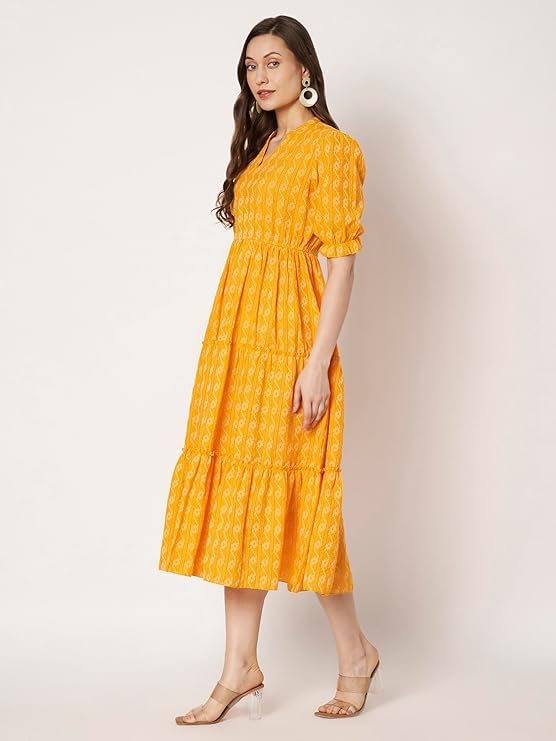 Image of PIDAVLIYA'S Women's Floral Summer Maxi Dress I Cotton Printed I One Piece Bodycon Midi Dress with V-Neck, Puffed Sleeves
