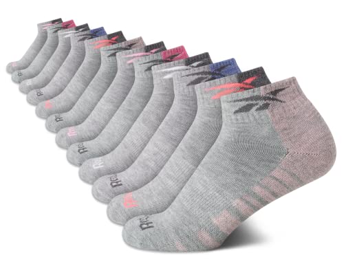 Image of Reebok Womens Quarter Socks Moisture Wicking Cushioned Ankle Socks, 12 Pack | Stretch Performance Fabric, Cushioned Heel & Toe, Secure Arch Support, Quarter Cut, Shoe Size 4-10
