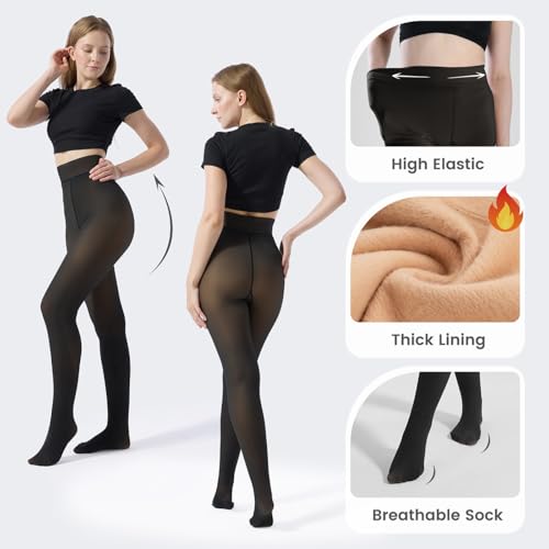 Black Fleece Lined Tights for Women - Plus Size Semi Sheer Leggings Womens - Skin Opaque Winter Warm Thick Stocking Pantyhose2