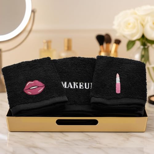 Image of DAN River Black Makeup Towels - Pack of 6 (13x13 in) - Ultra Soft Cotton Face Towels with Embroidery - Reusable, Quick-Dry & Machine Washable Makeup Remover Cloths for Bathroom, Spa & Salon