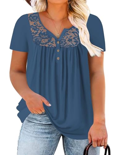 Summer Tops for Women Plus Size Short Sleeve Flowy Tunics Sexy Lace Shirts Navy Blue XL