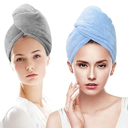 SURPRISE PIE Microfiber Hair Wrap Towels for Long Hair Drying 2 Pack Blue and Gray for Women Curly Hair Anti Frizz