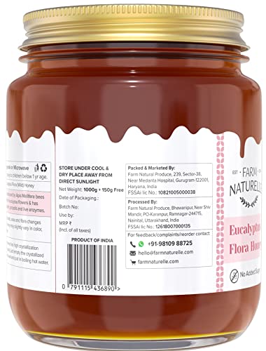 Image of Farm Naturelle Eucalyptus Flower Wild Forest (Jungle) Honey 1000g + 150g Extra|100% Pure Honey| Raw & Unfiltered|Unprocessed|Lab Tested Honey In Glass Jar with Engraved Virgin Wooden Spoon