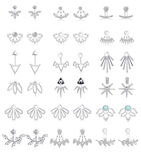 Jstyle 18 Pairs Lotus Flower Earrings Jackets for Women Studs Earring CZ Pearl Stud Earrings Hollow Chic Earrings Set Silver Tone