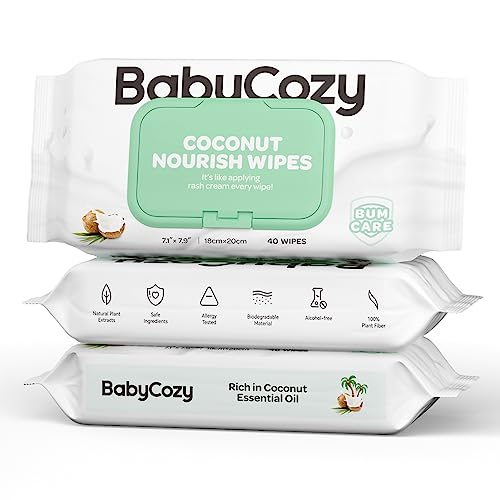 Baby Wipes, Cleansing & Moisturizing 2-in-1 Babycozy Sensitive Baby Wipes, 100% Biodegradable, Hypoallergenic Baby Coconut Wipes Moisturize Every Cleanse, 120 count (3 pcs), Packaging May Vary
