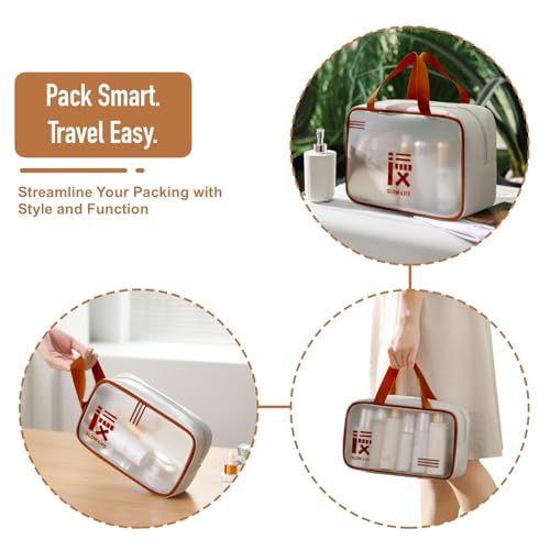 Image of KUKLAR 3 Piece Clear Toiletry Bag Set TSA Approved Cosmetic Makeup Bags with Handles Waterproof Travel Organizer Pouches for Carry-on Bag for Women & Men (Brown)