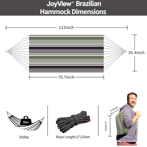 Image of JoyView Brazilian Hammock for Single Person Portable Hammock with Hanging Ropes & Carry Bag Large 78.8x39.4 inch for Patio 300LBS Capacity Perfect for Outdoor /Indoor - Green Grey Stripes