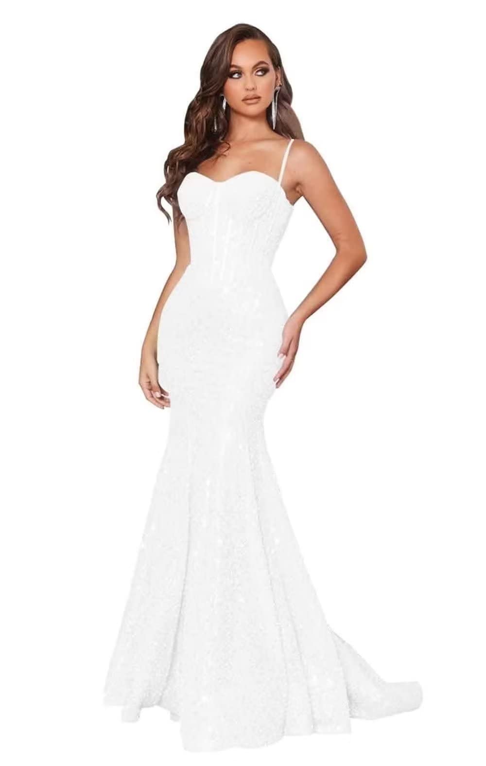 PARPIS Glitter Sequin Prom Gowns for Women Spaghetti Strap Mermaid Cocktail Dress Bodycon Empire Waist Formal Evening Dress White