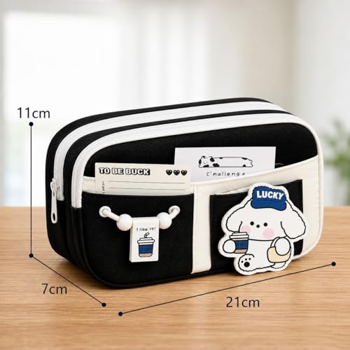 Image of WORSHIPER Cute Cartoon Double Zipper Pencil Pouch for Girls & Boys - Large Capacity School Stationery Organizer with Front Pocket, Waterproof Fabric Pen Case for Students (Black)