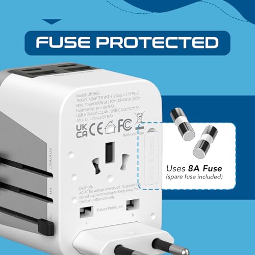 Image of Ceptics Universal Travel Adapter Plug with Dual USB-A and C Ports - Worldwide Power Adapter for Europe, UK, China, UAE, Australia - Charge Phones, Smartwatches & Tablets - Type A, C, G, I