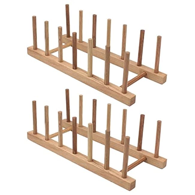 Set of 2 Bamboo Wooden Dish Rack Plate Rack Stand Pot Lid Holder Kitchen Cabinet Organizer