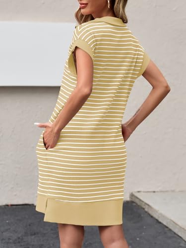Image of Wenrine Womens Striped Mini Dress Casual Zipper Cap Sleeve Collared V Neck Loose Knit Summer Dresses