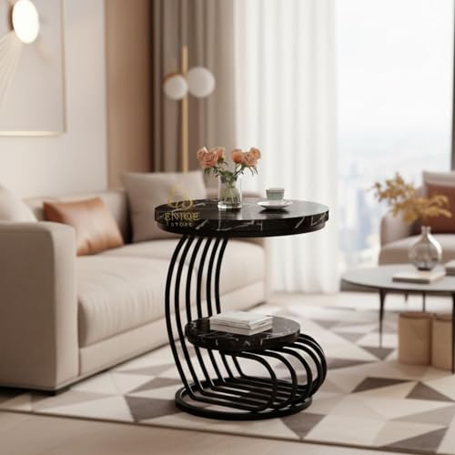Image of Modern Designer Side Table with Dual Wooden Shelves | Heavy-Duty Metal Frame End Table for Living Room, Bedroom & Sofa Side Use (Black)