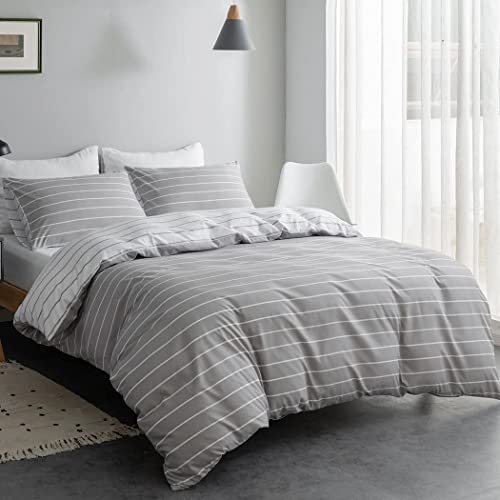 Lekesky Double Duvet Cover Set, Grey Bedding Set, Stripe Print Double Duvet Set (1x Duvet Cover