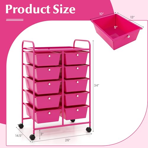 Image of LDAILY 10 Drawer Rolling Cart, Storage Cart Organizer on Wheels, Drawer Cart with Metal Frame & Large Storage Capacity, Rolling Cart with Drawers for Living Room Classroom, Office