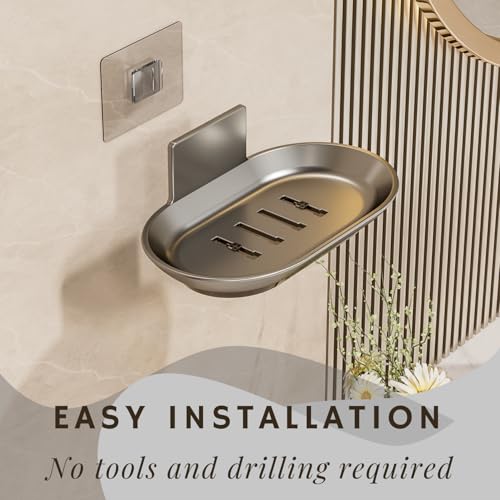 Image of Tenom Soap Stand for Bathroom Wall Mounted, Space Aluminum Soap Holder for Bathroom Stickable, Rustproof Soap Dish, Durable Soap Box with Drain Tray (1, Grey)