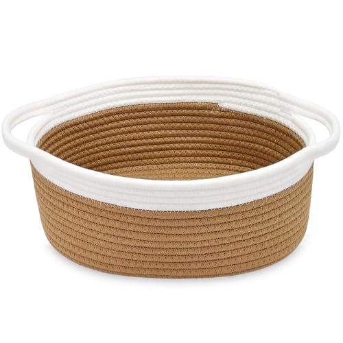 Image of ABenkle Small Basket with Handles, Boho Decorative Rope Woven Dog Cat Toy Storage Bin Shelf Storage Organizer, Easter Christmas Gift Basket, 12 inchx8 inchx5 inch, Brown