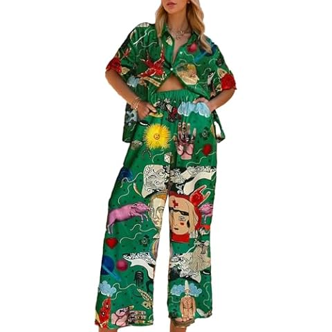 Kissonic Womens Summer Print 2 Piece Pajama Boho Short Sleeve Shirt Top(DarkGreen-S) Cover