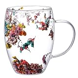 Doppelwandige Kaffeegläser 300 ml isolierte doppelwandige Gläser mit abgerundetem Rand & Griffglas Kaffeetassen für Tee, Lattes, Espressos Geschenk (Blättermuster)..