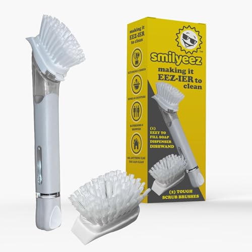 Image of The Original Smiling Handle with Soap Dispensing for Scrub Daddy (Reg. TM) Sponge and Scrub Moji Sponge, Smile Caddy, and 2 Scrub Mojis (White /Grey Wands)