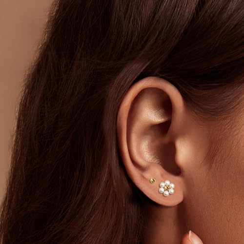 IMBOS Pearl Earrings 14k Gold Plated Daisy Flower Stud Earrings for Women Ball Stud Flat Back Earring Hypoallergenic Statement Earring Trendy Jewelry Gift for Women2