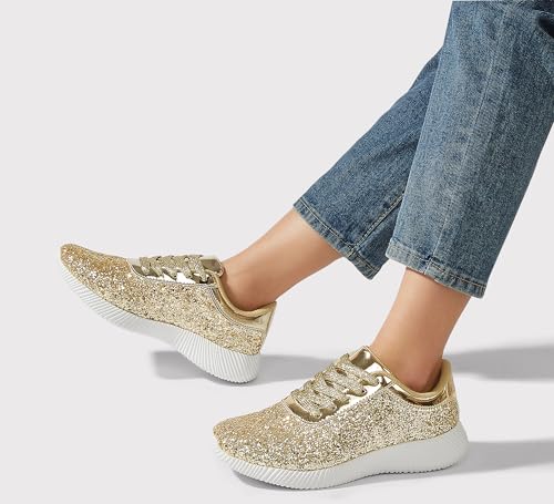 Image of BELOS Women Glitter Sparkly Fashion Sneakers | Lightweight Metallic Sequins Tennis Shoes Casual Retro Braided Walking Shoes