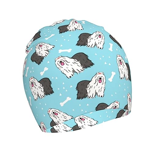 Rqzwdq Old English Sheepdog Pattern Kids Beanie Hats Warm Knit Beanie Cap Skull Caps Gifts Decor for Boys Girls White
