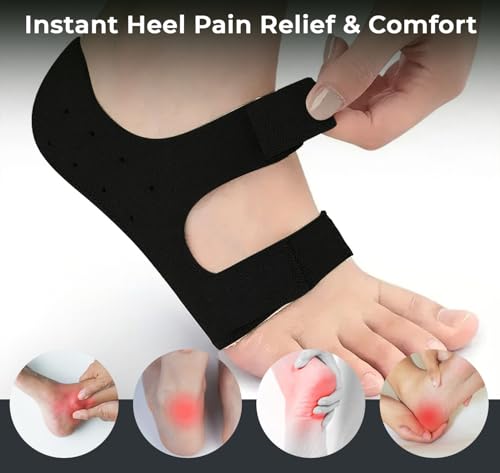 Image of PANCA Silicone Gel Heel Protectors with Adjustable Strap | Heel Pain Relief Support for Plantar Fasciitis, Heel Spurs & Cracked Heels | Soft Medical Grade Heel Cushion for Arch Support, Achilles Tendon & Foot Protection (2 Pack, Black)