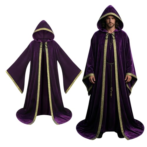 Colorful House Velvet Wizard Robe with Hooded and Sleeves Halloween Fancy Cool Cosplay Costume (Purple 56/140cm)